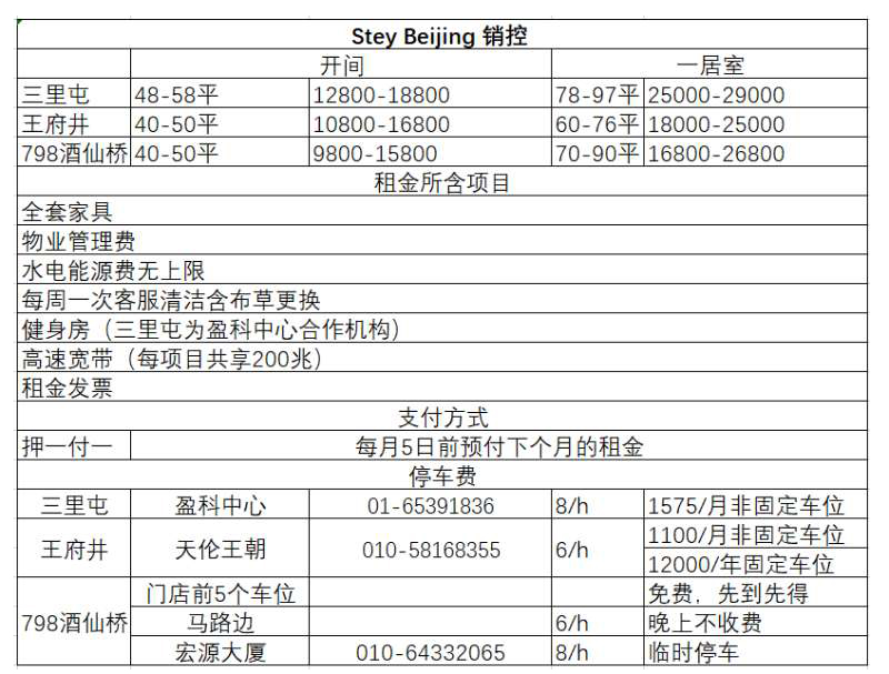 北京Stey酒店公寓房型及租金